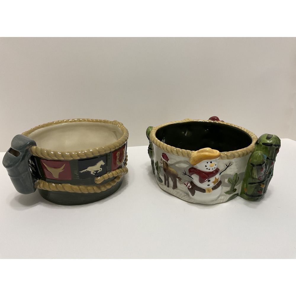 Sonoma Happy Trails‎ Western Holiday Ceramic Bowl Set Cowboy Snowman Cactus 2pc